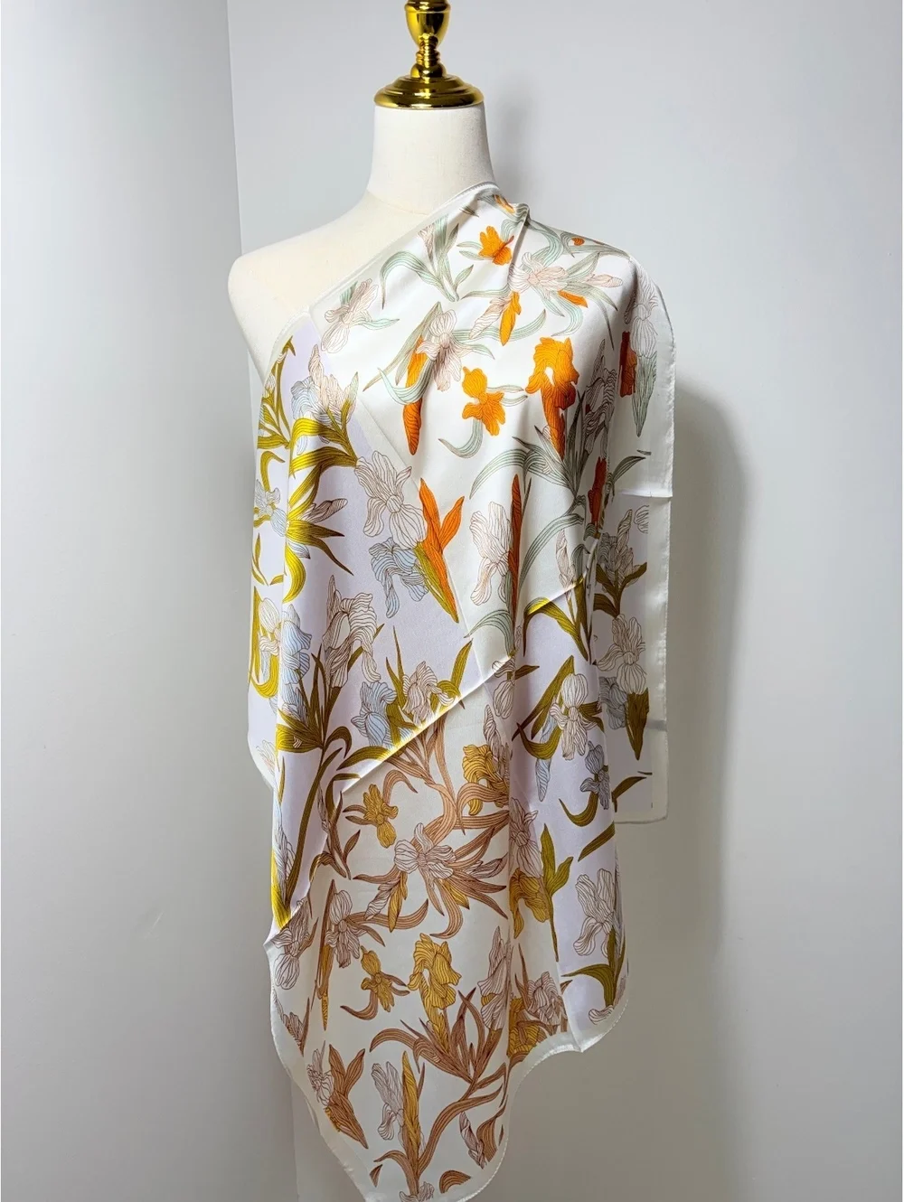 Elegant Satin Polyester Floral Scarf in Orange, Yellow, and Green – 68cm x 68cm